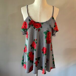 Women’s striped / floral RED ROSES cold shoulder tank ruffled accents jersey Med